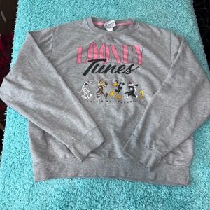 vintage Looney Tunes Sweatshirt‎ XL Gray Pink Bugs Bunny Wile E Coyote Cartoon